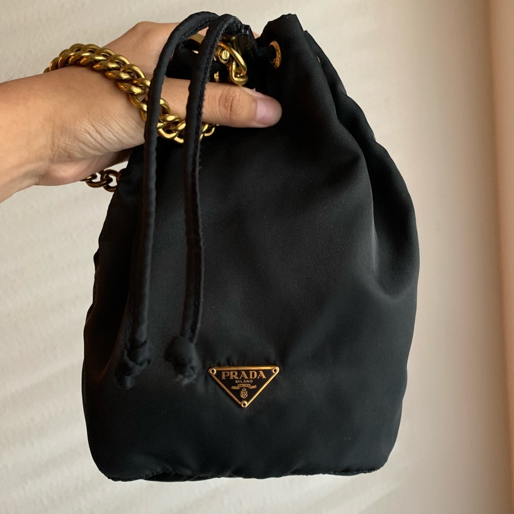 Black Nylon Mini Prada Bucket Bag with Chain 🖤